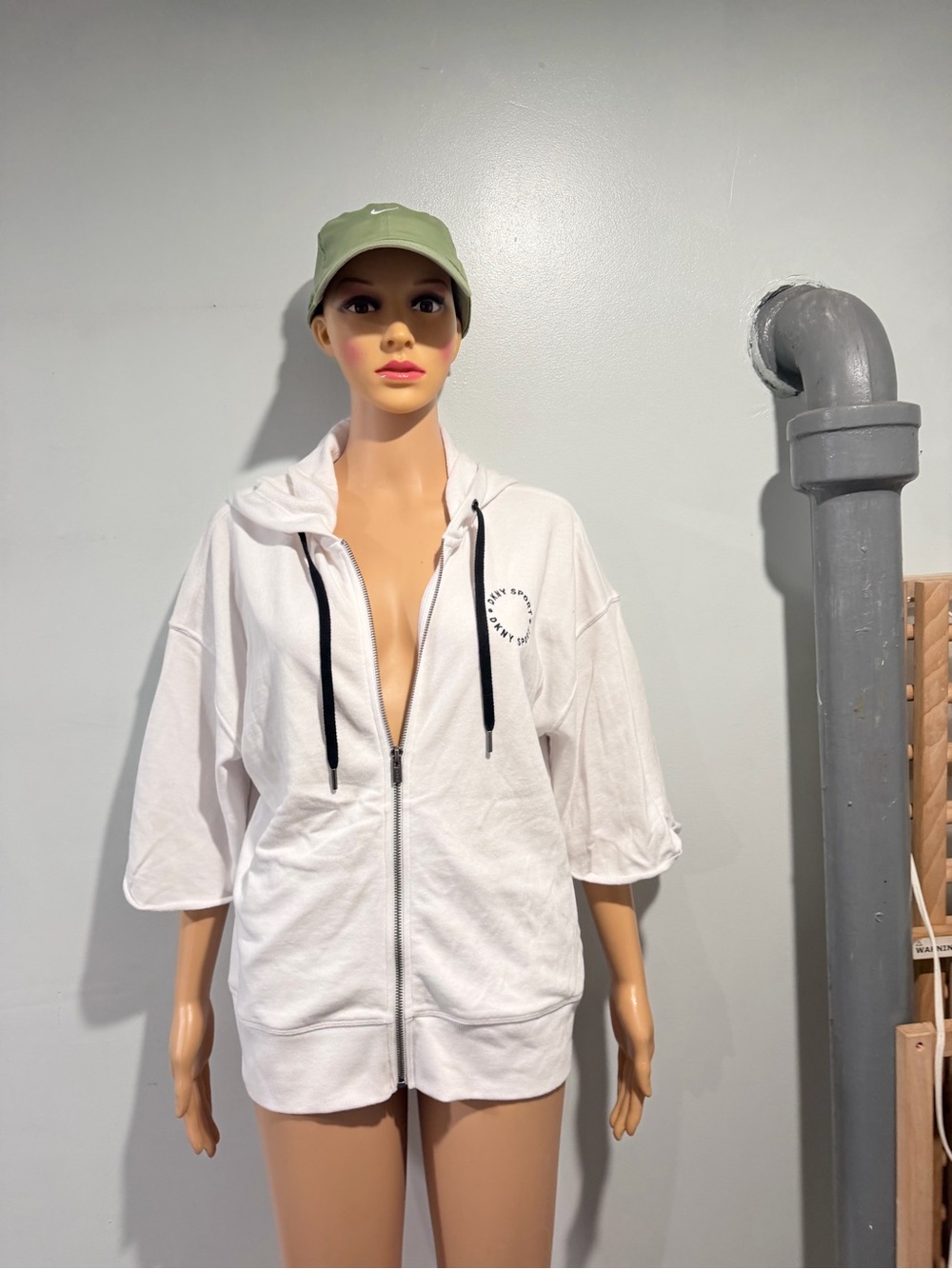 Dkny White Women's Short-Sleeve Zip Hoodie with Black Drawstrings